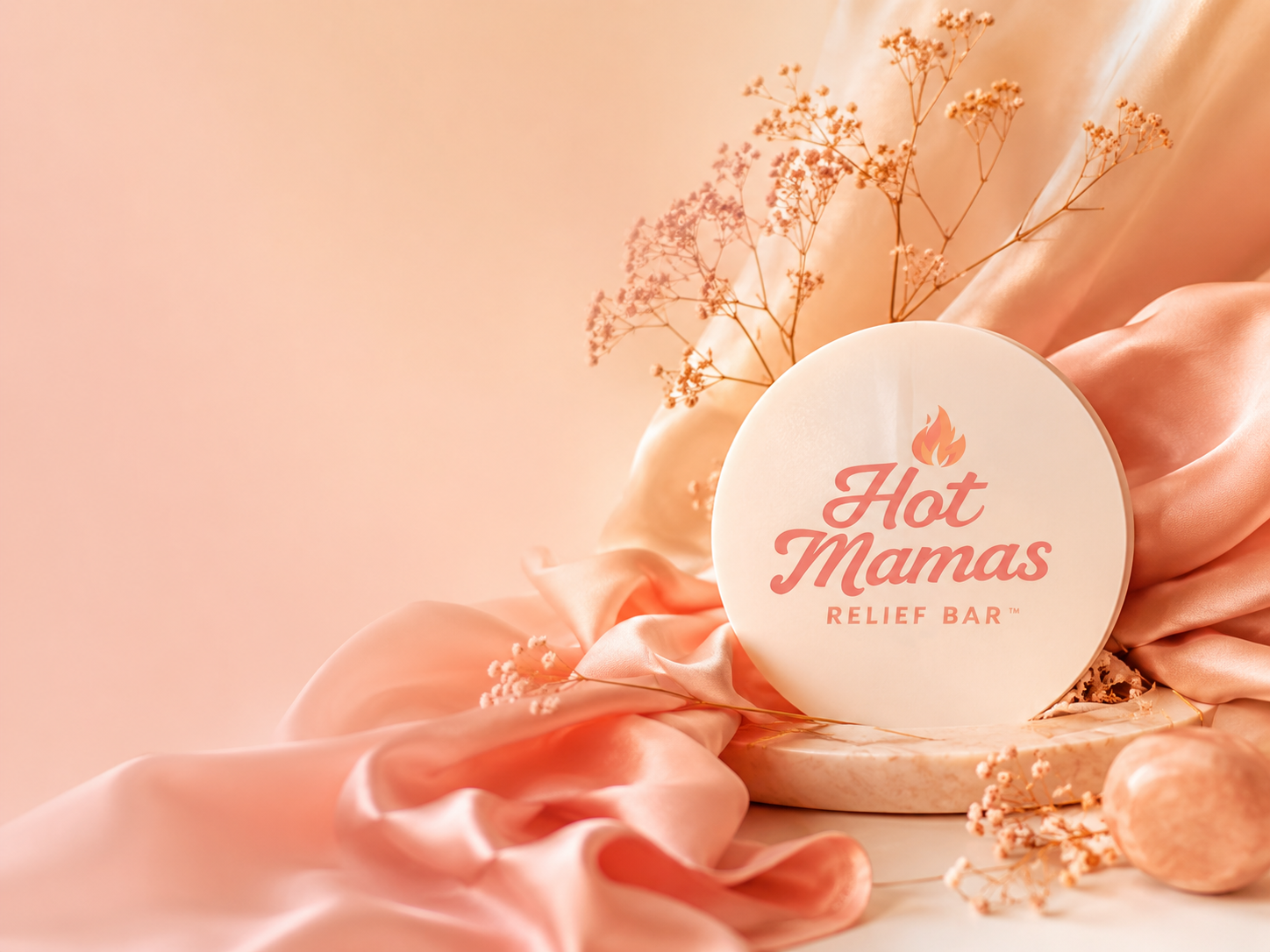 Hot Mamas Relief Bar wellness products with soft blush brand styling