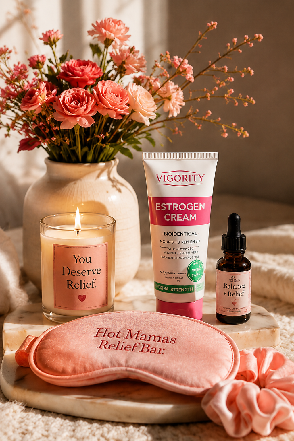 Hot Mamas Relief Bar curated wellness products with flowers, candle, and self-care items